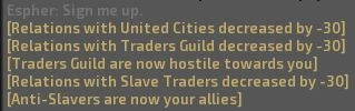 The second you join the Anti-Slavers, three factions dock you at once — the game itemises the bill for you