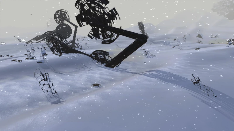 The surface of the Ashlands: year-round ashfall, toppled colossal machinery, and Iron Spiders