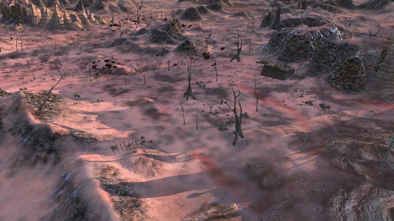Bast's red dust flats, wreckage scattered across them, ruins on the horizon