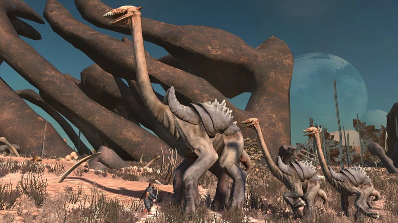 A pack of Elder Beak Things on the Bonefields. The humanoid figure in the lower left shows the difference in scale