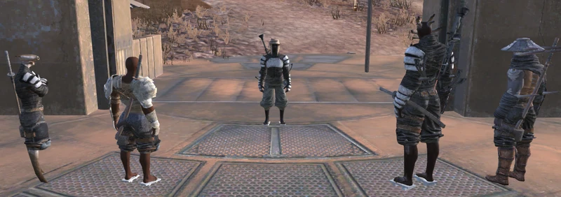 The gate guards of Black Scratch. Inside the wall is the most complete blueprint archive on the continent; outside it are slave hunters