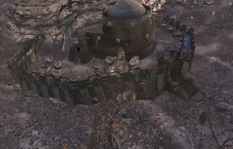 Black Dog HQ — a single walled ring, walkway along the top, enclosing one round stone building under a half dome