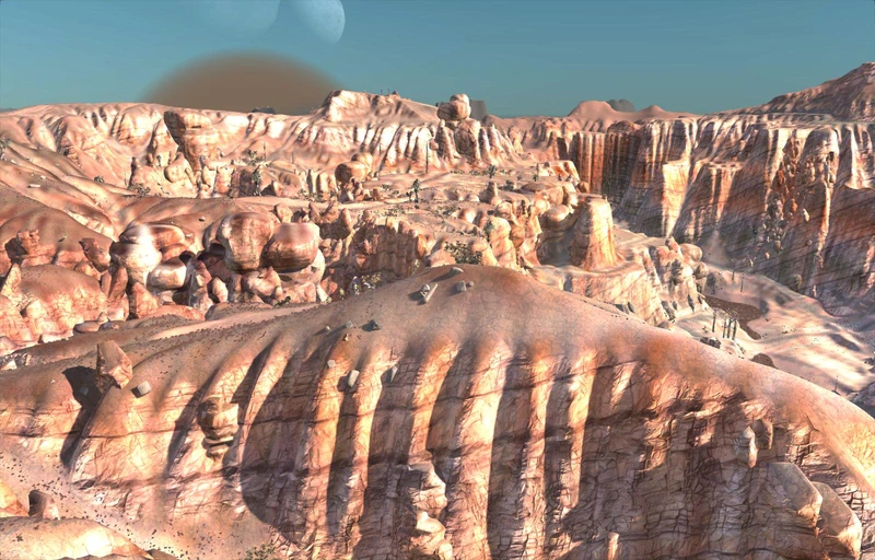 The arid canyon terrain of the Border Zone — no farms, no water, only ore veins and bandits