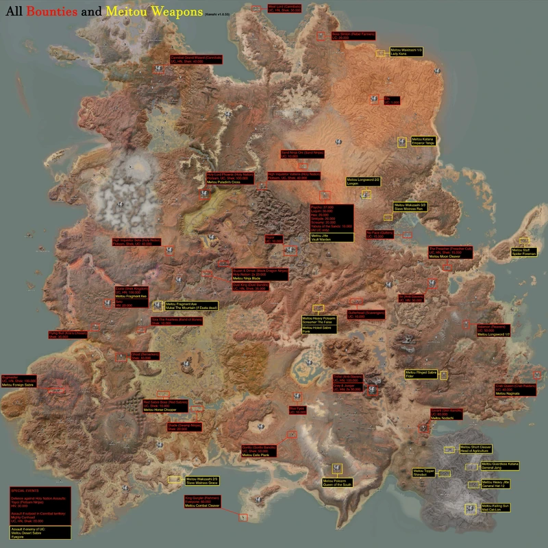Map of bounties and Meitou weapons worldwide. The large bounties are almost all attached to a faction leader