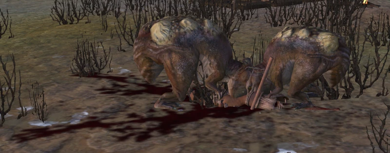 A pack of River Raptors dealing with the bodies of starving bandits. They are the most efficient cleaners on any battlefield