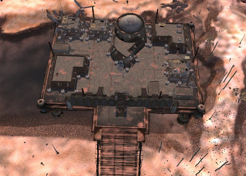 Flats Lagoon from above: the whole town is one raised platform, and the only entrance is the ramp on the south side