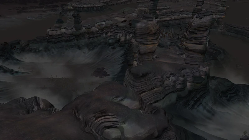 The blue-grey rock pillars and ground-level fog layer of the Fog Islands
