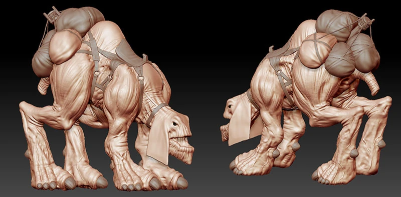 An untextured development-stage Garru model, wearing the Garru Backpack that carries trade goods