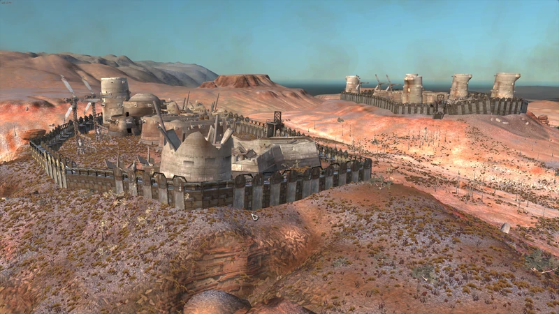 Last Stand — two separately walled compounds with a stretch of red hillside between them