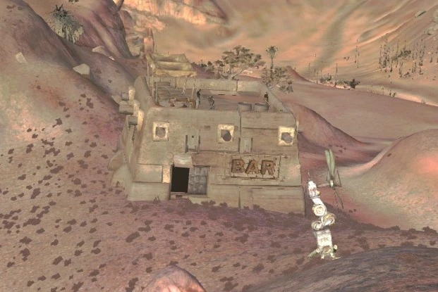 The Rebel Base: one building with a "BAR" sign, guards standing outside