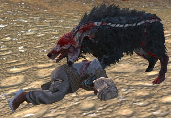 A wild Bonedog feeding on a drifter's corpse