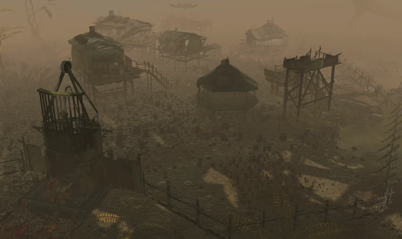 Rot in the fog — stilted swamp shacks, a makeshift gate and five riceweed fields
