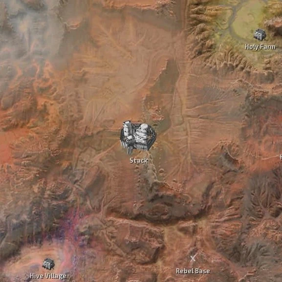 Stack's position on the world map, with Holy Farm, Hive Village and Rebel Base marked nearby