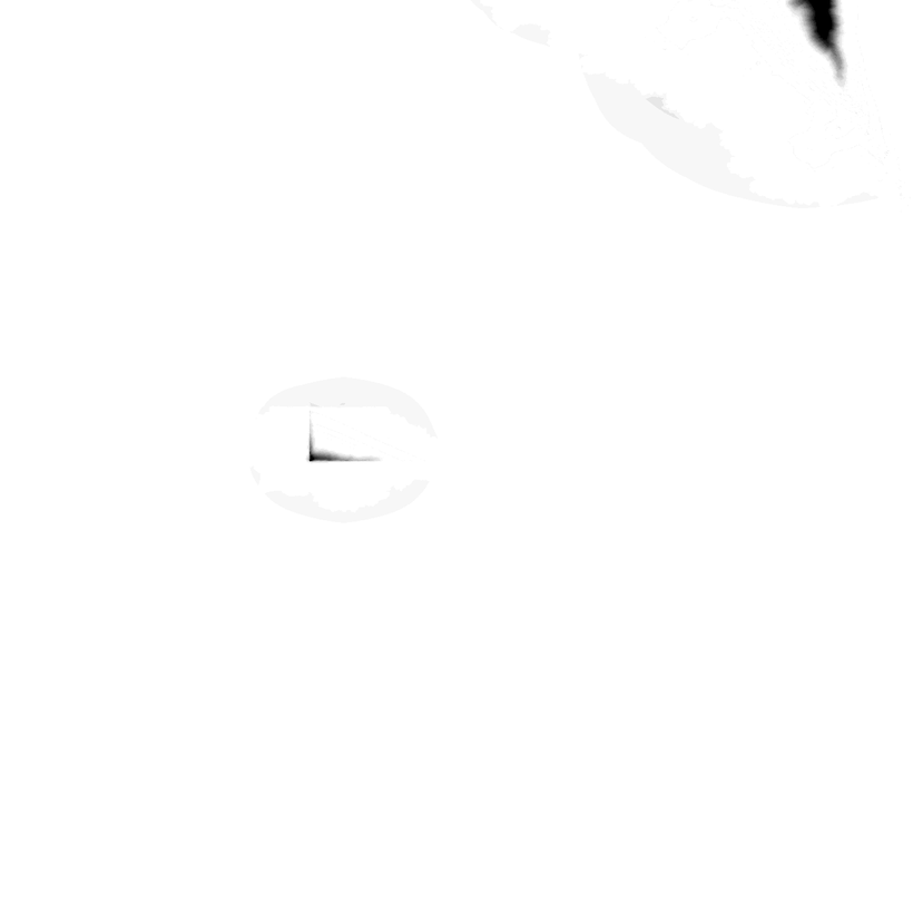 The circular mark at (640, 7507). Dark is where elevation data exists, white is open ocean with no data at all, light grey is land.
